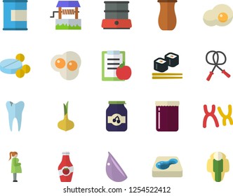 Color flat icon set double boiler flat vector, jugful, onion, garlic, fish rolls, scrambled eggs, jam, ketchup, well, pool, pills, gestation, chromosomes, caries, diet, skipping rope, proteins