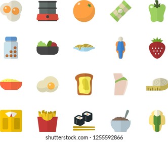 Color flat icon set double boiler flat vector, spaghetti, salad, porridge, bell pepper, French fries, fish rolls, scrambled eggs, Strawberry, sandwich, orange, weighing machine, centimeter, buttocks