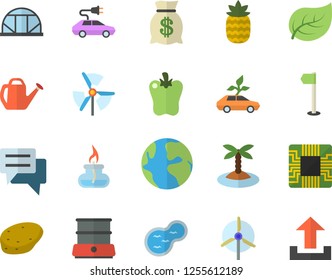 Color flat icon set double boiler flat vector, potato, bell pepper, pineapple, watering can, pond, greenhouse, tree leaf, eco cars, electric, motherboard, earth, wealth, chat, gas burner, windmill