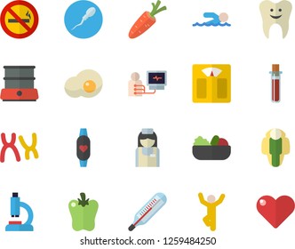 Color flat icon set double boiler flat vector, salad, bell pepper, scrambled eggs, carrot, blood test, microscope, diagnostics, nurse, chromosomes, sperm, tooth, weighing machine, swimming, heart