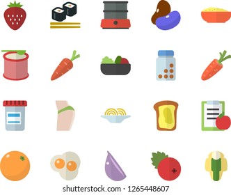 Color flat icon set double boiler flat vector, legumes, spaghetti, salad, porridge, garlic, fish rolls, scrambled eggs, cranberry, Strawberry, sandwich, orange, carrot, vial, diet, buttocks