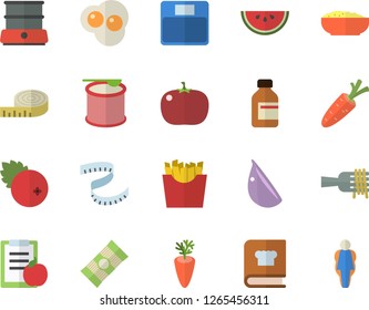 Color flat icon set double boiler flat vector, cookbook, spaghetti, watermelon, on a fork, porridge, carrot, garlic, tomato, French fries, scrambled eggs, cranberry, vial, diet, weighing machine