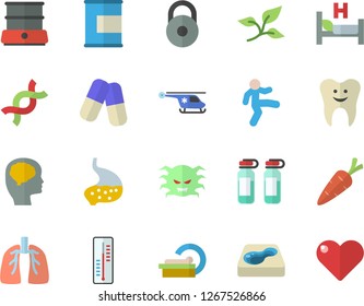 Color flat icon set double boiler flat vector, thermometer, carrot, pool, tree leaf, pills, virus, hospital bed, ampoule, helicopter, tomograph, DNA, tooth, stomach, lungs, brain fector, weight