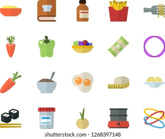Color flat icon set double boiler flat vector, cookbook, spaghetti, on a fork, salad, porridge, carrot, onion, bell pepper, French fries, fish rolls, scrambled eggs, vial, centimeter, hoop