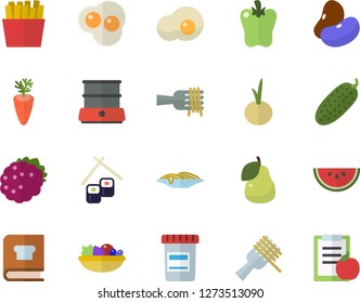 Color flat icon set double boiler flat vector, cookbook, legumes, watermelon, spaghetti on a fork, salad, carrot, onion, bell pepper, cucumber, French fries, fish rolls, scrambled eggs, blackberry