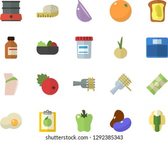 Color flat icon set double boiler flat vector, spaghetti, legumes, on a fork, salad, garlic, onion, bell pepper, scrambled eggs, cranberry, sandwich, orange, vial, diet, weighing machine, centimeter