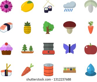 Color flat icon set double boiler flat vector, spice, lemon, cake, canned food, mushroom, carrot, tomato, fish rolls, sashimi, pineapple, tree, flower, butterflies, rain, forest, drop