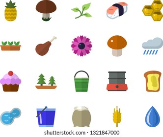 Color flat icon set double boiler flat vector, flour, ham, cake, mushroom, sashimi, pineapple, honeycomb, sandwich, ear, flower, bucketful, seedlings, rain, pond, tree leaf, forest, drop