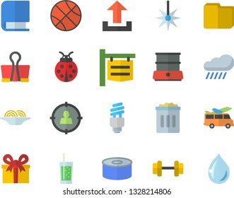 Color flat icon set double boiler flat vector, canned food, spaghetti, soda, ladybird, rain, laser, signboard, target audience, present, computer file, book, energy saving lamp fector, dumbbell
