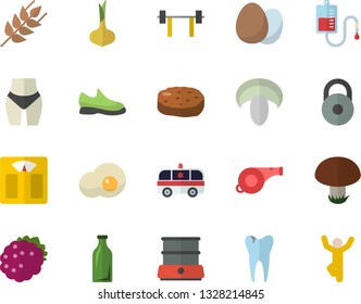 Color flat icon set double boiler flat vector, egg, ear, onion, mushroom, cutlet, scrambled eggs, blackberry, glass bottles, blood transfusion, ambulance, caries, barbell, weight, whistle, sneakers