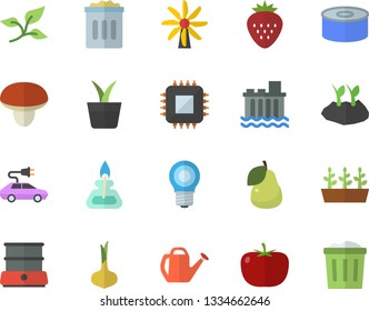 Color flat icon set double boiler flat vector, mushroom, tomato, onion, canned food, Strawberry, pear, home plant, watering can, planting plants, seedlings, windmill, tree leaf, lamp, electric cars