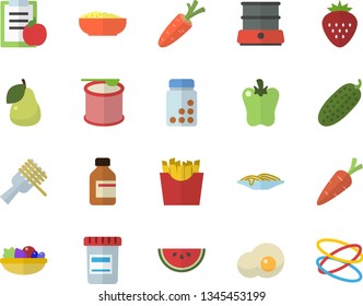 Color flat icon set double boiler flat vector, watermelon, spaghetti on a fork, salad, porridge, bell pepper, cucumber, French fries, scrambled eggs, Strawberry, pear, carrot, vial, diet, vitamins