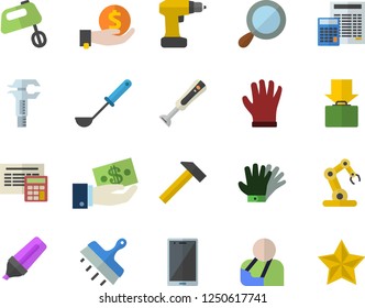 Color flat icon set drill screwdriver flat vector, calculator, putty knife, hammer, ladle, mixer, blender, gloves, trammel, marker, investments, injury, industrial robot, get luggage fector, mobile