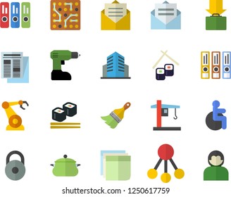 Color flat icon set drill screwdriver flat vector, paint brush, saucepan, fish rolls, crane, robotics, hierarchy, news, disabled, office building, sticker, folder, electronic circuit, weight, user