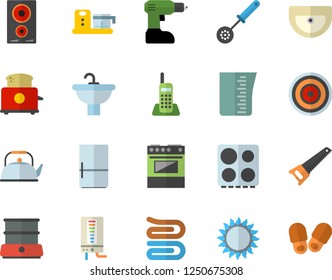 Color flat icon set drill screwdriver flat vector, saw, sink, boiler, meashuring cup, teapot, kitchen spoon, towel, electric stove, induction cooker, gas, toaster, double, fridge, food processor