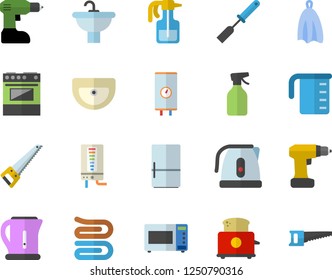 Color flat icon set drill screwdriver flat vector, saw, sink, boiler, meashuring cup, electric kettle, kitchen spatula, towel, stove, microwave, toaster, fridge, pulverizer