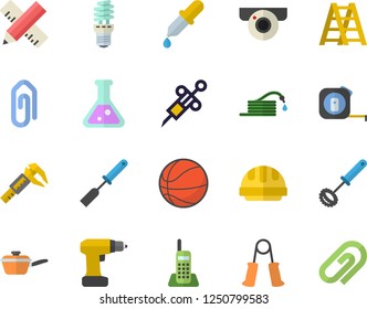 Color flat icon set drill screwdriver flat vector, tape measure, ladder, hard hat, saute, kitchen spatula, whisk, hose, trammel, energy saving lamp, pipette, syringe, telephone, flask, basketball