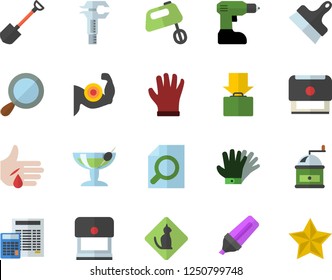 Color flat icon set drill screwdriver flat vector, calculator, putty knife, coffee grinder, mixer, shovel, gloves, trammel, marker, injury, magnifier, stamp, muscles, get luggage fector, cocktail