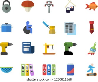 Color flat icon set drill screwdriver flat vector, saucepan, colander, turk, mushroom, fish, rolls, lemonade, paint brush, power line support, crane, news, disabled, folder, tie, weight, Treadmill