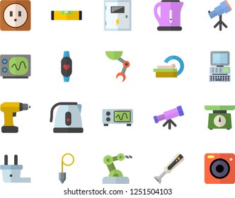 Color flat icon set drill screwdriver flat vector, level meter, sockets, switch box, construction plummet, weighing machine, electric kettle, blender, plug socket, tomograph, robot hand, computer