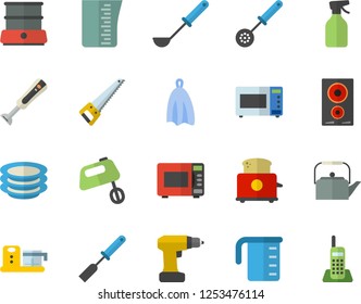 Color flat icon set drill screwdriver flat vector, saw, meashuring cup, teapot, ladle, kitchen spatula, spoon, towel, induction cooker, microwave, toaster, mixer, double boiler, blender, plates