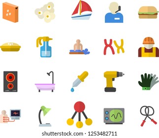Color flat icon set drill screwdriver flat vector, shower, induction cooker, groats, hamburger, pie, popcorn, pulverizer, gloves, construction worker, hierarchy, sailboat, pipette, massage