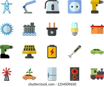 Color flat icon set drill screwdriver flat vector, sockets, energy saving lamp, electric kettle, induction cooker, gas, blender, fridge, windmill, battery, solar, accumulator, plug socket, eco cars
