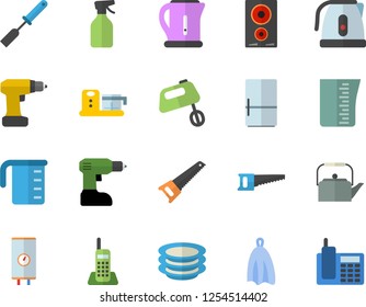 Color flat icon set drill screwdriver flat vector, saw, boiler, meashuring cup, teapot, electric kettle, kitchen spatula, towel, induction cooker, mixer, fridge, food processor, plates, pulverizer