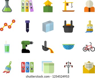Color flat icon set drill screwdriver flat vector, colander, soda, paint brush, chemistry, power line support, crane, metallurgy, person, scatter chart, sticker, folder, tie, bicycle fector, message