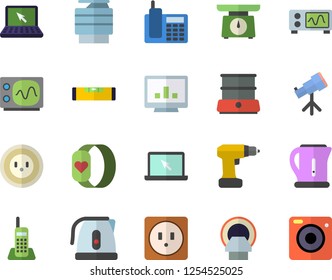 Color flat icon set drill screwdriver flat vector, level meter, sockets, weighing machine, electric kettle, double boiler, socket, tomograph, computer chart, telephone, copy, laptop, oscilloscope