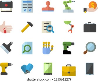 Color flat icon set drill screwdriver flat vector, putty knife, hammer, case, investments, injury, magnifier, contract, stamp, robot hand, industrial, boxing gloves, mobile