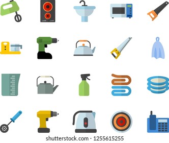 Color flat icon set drill screwdriver flat vector, saw, sink, meashuring cup, teapot, electric kettle, kitchen spoon, towel, induction cooker, microwave, mixer, food processor, plates, pulverizer