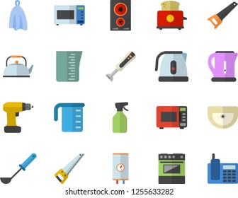 Color flat icon set drill screwdriver flat vector, saw, sink, boiler, meashuring cup, teapot, electric kettle, ladle, towel, stove, induction cooker, microwave, toaster, blender, pulverizer