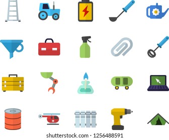 Color flat icon set drill screwdriver flat vector, tool bag, heating batteries, ladle, whisk, canned food, pulverizer, tractor, watering can, ladder, battery, funnel, briefcase, helicopter, clip