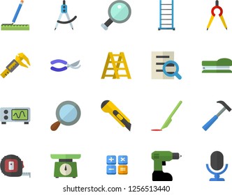 Color flat icon set drill screwdriver flat vector, tape measure, ladder, stationery knife, hammer, weighing machine, secateurs, trammel, dividers, calculator, scalpel, magnifier, stapler, microphone