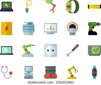 Color flat icon set drill screwdriver flat vector, level meter, switch box, construction plummet, double boiler, blender, socket, stethoscope, tomograph, computer chart, copy machine, laptop