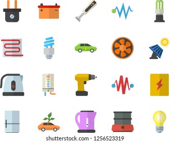 Color flat icon set drill screwdriver flat vector, switch box, warm floor, boiler, electric kettle, double, blender, fridge, ventilation, solar battery, accumulator, plug socket, energy saving lamp