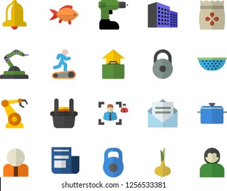 Color flat icon set drill screwdriver flat vector, saucepan, colander, fish, onion, seeds, robotics, metallurgy, person, news, office building, recruitment, weight, Treadmill, hand luggage fector