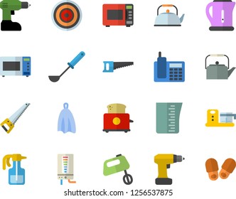 Color flat icon set drill screwdriver flat vector, saw, boiler, meashuring cup, teapot, electric kettle, ladle, towel, induction cooker, microwave, toaster, mixer, food processor, pulverizer
