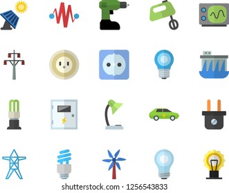 Color flat icon set drill screwdriver flat vector, sockets, switch box, mixer, windmill, solar battery, lamp, socket, plug, power line support, hydroelectric station, energy saving, electric cars