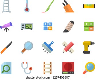 Color flat icon set drill screwdriver flat vector, level meter, measure, putty knife, stationery, weighing machine, knives, thermometer, ladder, calculator, stethoscope, scalpel, magnifier