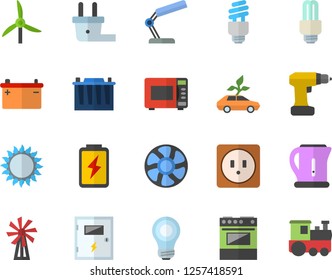 Color flat icon set drill screwdriver flat vector, sockets, switch box, electric kettle, stove, gas, microwave, windmill, ventilation, battery, accumulator, plug socket, eco cars, reading lamp, bulb