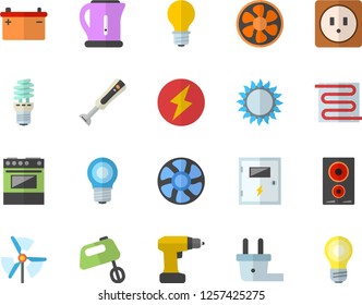 Color flat icon set drill screwdriver flat vector, sockets, switch box, warm floor, electric kettle, stove, induction cooker, gas, mixer, blender, ventilation, accumulator, lamp, plug socket