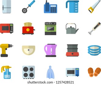 Color flat icon set drill screwdriver flat vector, saw, sink, meashuring cup, teapot, electric kettle, kitchen spoon, towel, stove, microwave, toaster, double boiler, blender, fridge, plates