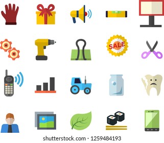 Color flat icon set drill screwdriver flat vector, level meter, scissors, fish rolls, tractor, gloves, tree leaf, glass bottles, billboard, person, phone call, present, sell out, broken tooth, chart