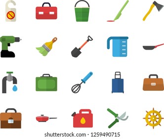 Color flat icon set drill screwdriver flat vector, paint brush, ax, frying pan, meashuring cup, whisk, shovel, secateurs, bucketful, water tap, canister, briefcase, scalpel, suitcase fector, luggage