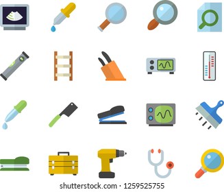 Color flat icon set drill screwdriver flat vector, tool bag, level meter, putty knife, knives, thermometer, ladder, magnifier, pipette, stethoscope, ultrasound, stapler, oscilloscope
