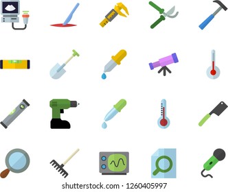 Color flat icon set drill screwdriver flat vector, level meter, hammer, knives, temperature, thermometer, shovel, secateurs, rake, trammel, pipette, ultrasound, scalpel, magnifier, oscilloscope