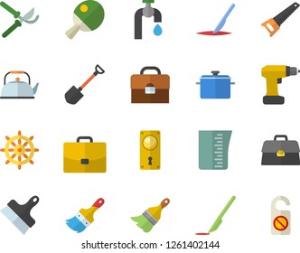 Color flat icon set drill screwdriver flat vector, saw, paint brush, door lock, putty knife, saucepan, meashuring cup, teapot, shovel, secateurs, water tap, case, scalpel, briefcase, table tennis