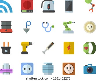 Color flat icon set drill screwdriver flat vector, sockets, switch box, construction plummet, weighing machine, electric kettle, double boiler, blender, socket, plug, stethoscope, printer, copy